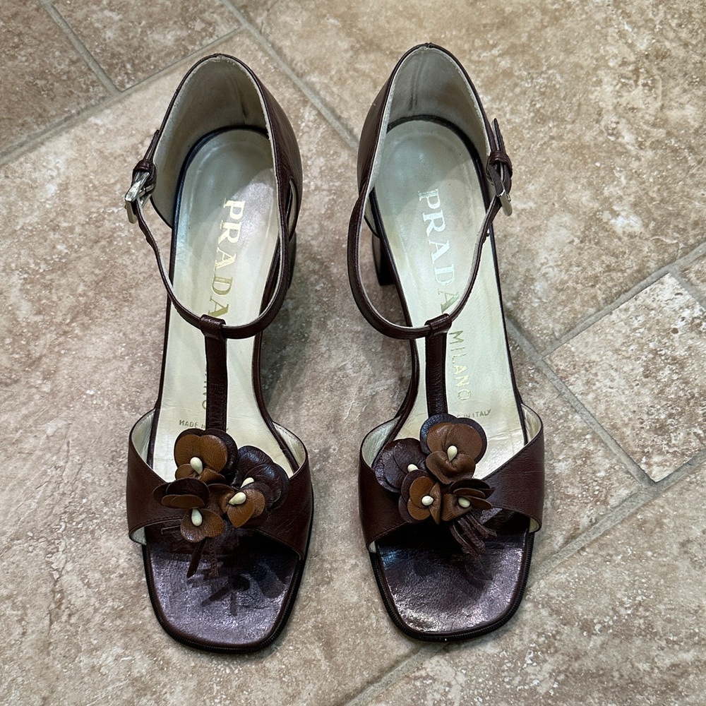 Prada Dark Brown Floral Heels. Soft leather made in Italy